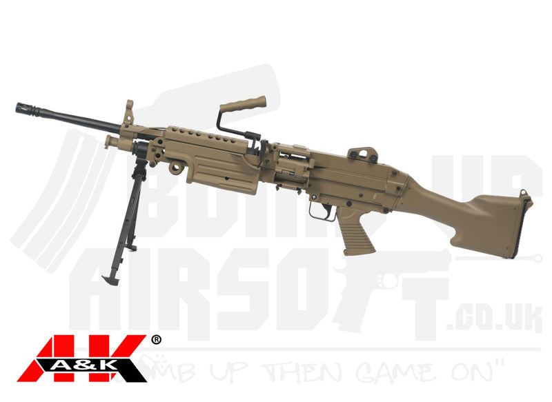 A&K M249 MK2 With Sound Control Drum Mag AEG Airsoft Gun - Polymer Body - Tan