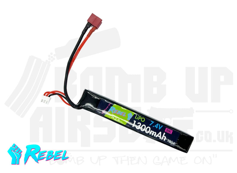 Rebel Battery - 1300mAh Lipo 7.4V 20C Stick - Deans
